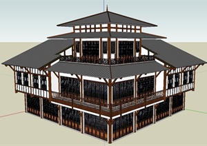 某三层古典中式折叠商业建筑设计SU(草图大师)模型