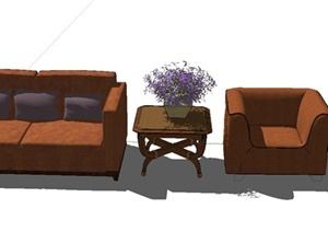 某室内沙发、茶几、花卉盆景设计SU(草图大师)模型