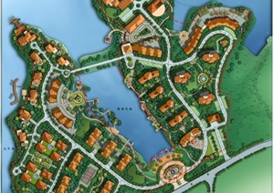 某湖畔小镇规划景观彩平布置图psd格式