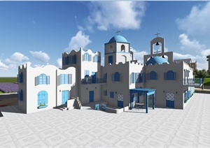地中海式别墅建筑设计SU(草图大师)模型（带效果图）