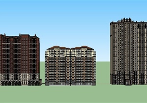 三栋高层商业住宅建筑SU(草图大师)模型