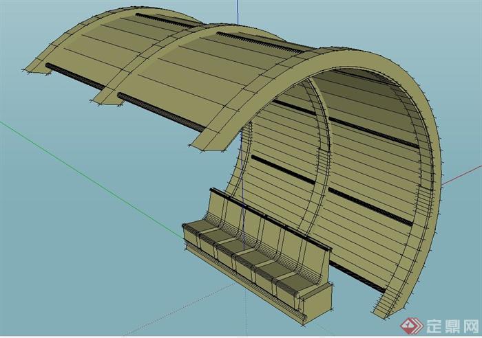 园林景观弧形廊架与坐凳设计SU模型(1)