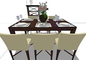 某室内木质六人餐桌椅与边柜设计SU(草图大师)模型