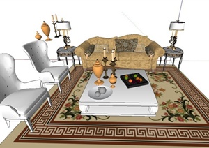 某欧式风格室内沙发茶几组合设计SU(草图大师)模型