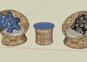 两个竹编圈椅与茶几设计SU(草图大师)模型