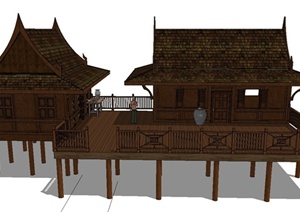 东南亚两栋单层高脚住宅建筑设计SU(草图大师)模型