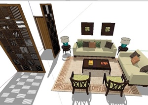 某室内客厅家具布置设计SU(草图大师)模型