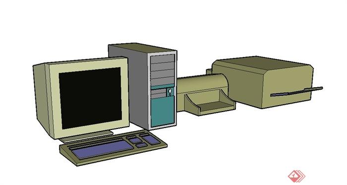 办公电脑、打印机办、公桌椅su模型(1)