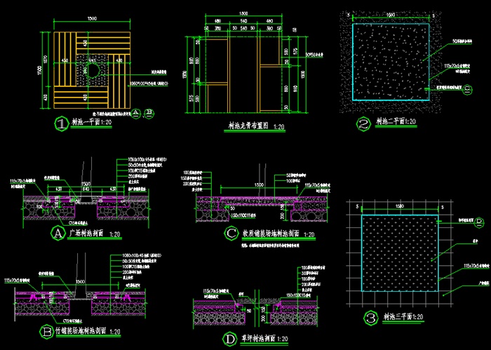 园林景观方形树池施工图,包括平面图,立面图,剖面图,图纸绘制细致,有