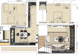 欧式复式住宅一层室内设计SU(草图大师)模型