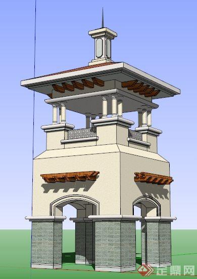 某西班牙风格景观塔楼设计su模型(2)