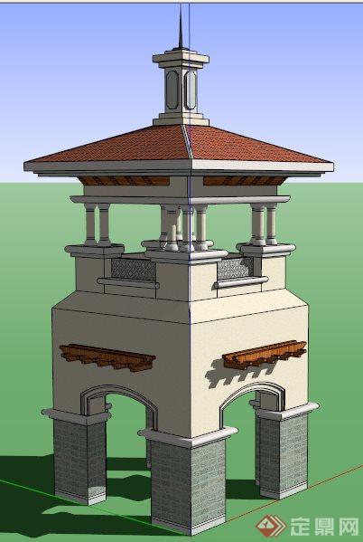 某西班牙风格景观塔楼设计su模型(1)