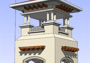 某西班牙风格景观塔楼设计SU(草图大师)模型
