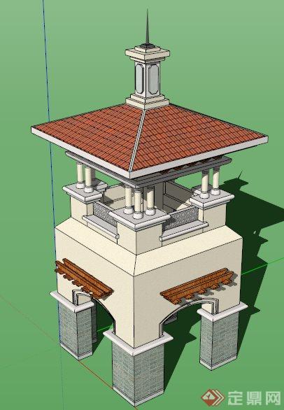 某西班牙风格景观塔楼设计su模型(3)