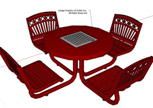 现代简约四人座红色桌椅SU(草图大师)模型