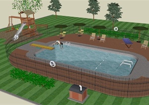 现代风格户外泳池及游乐设施设计SU(草图大师)模型