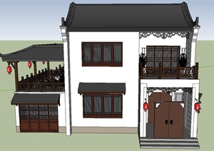 某古典中式两层组合住宅建筑设计SU(草图大师)模型