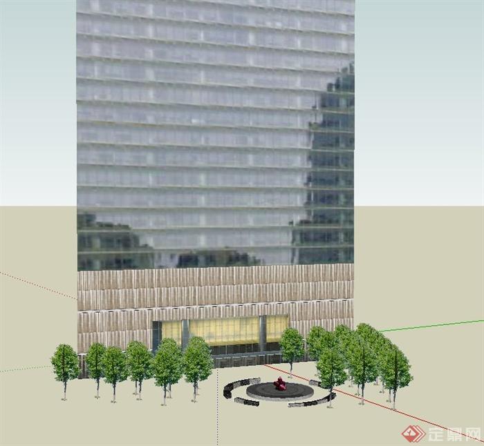 某现代办公楼高层建筑su模型附带小型广场(2)