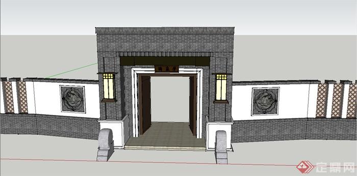 建筑节点大门与围墙设计SU模型(1)