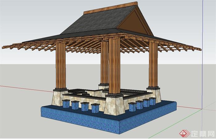 园林景观节点东南亚温泉凉亭设计SU模型(2)