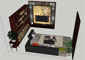 现代中式客厅家装设计详图SU(草图大师)模型