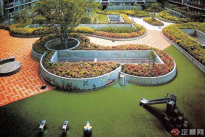 景观水池,花坛,种植池,彩砖铺装,树池