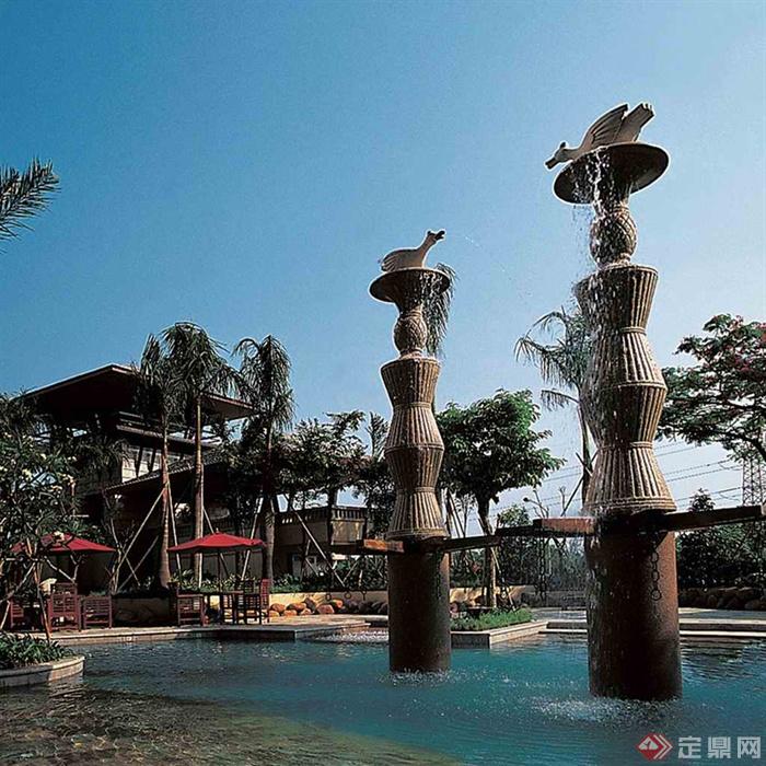 景观柱,喷泉水柱,水池景观,景观树