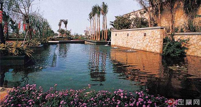 水池景观,吐水景墙,景观树,花卉植物,住宅景观石柱,槟榔