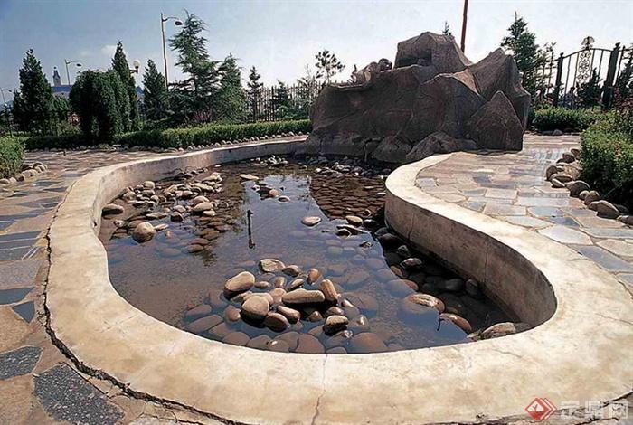 卵石水池景观,地面铺装,景石