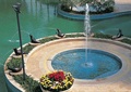喷泉水池景观,花钵,花卉植物,吐水雕塑,路灯,地面铺装