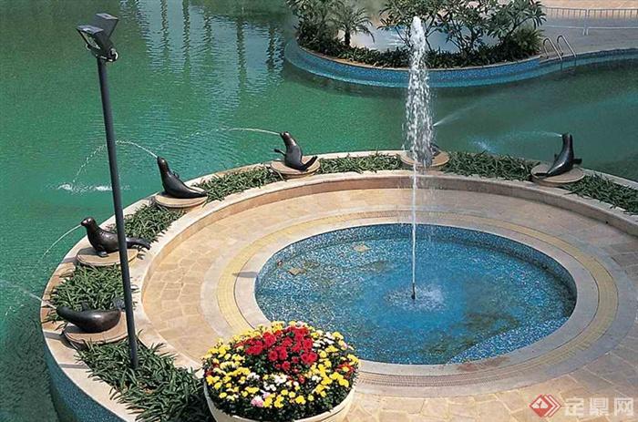 喷泉水池景观,花钵,花卉植物,吐水雕塑,路灯,地面铺装万寿菊