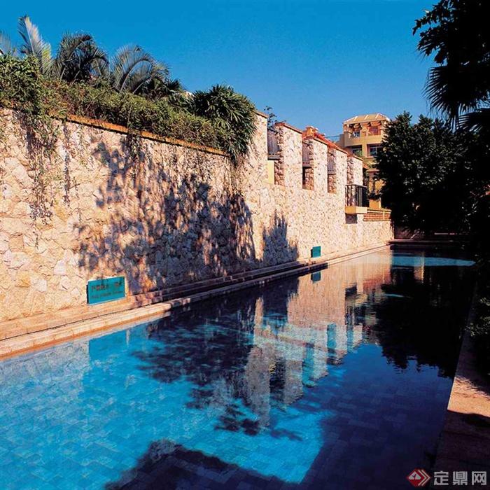 泳池水景,泳池铺装,景观墙
