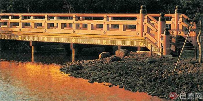 园桥,水池景观,景石
