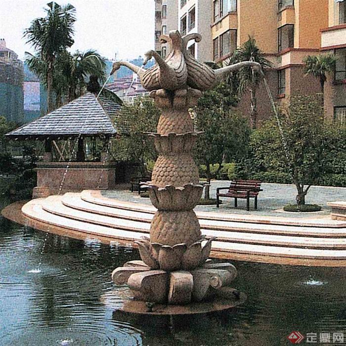 喷泉水池景观,雕塑喷泉,台阶,地面铺装,桌椅,树池,景观树,亭子,住宅景观