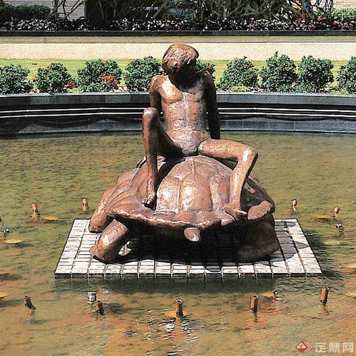 人物雕塑,乌龟雕塑,雕塑水景,喷泉水池景观