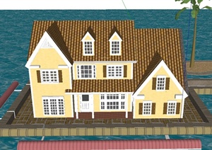 某两层坡屋顶海上房屋建筑设计SU(草图大师)模型