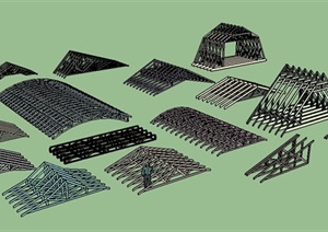 多个木质桥架及屋顶建筑构件SU(草图大师)模型
