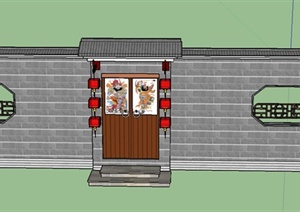 古典中式建筑节点入口门与围墙设计SU(草图大师)模型