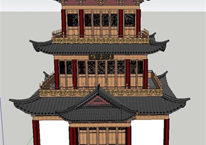 古典中式三层浮云楼建筑设计SU(草图大师)模型