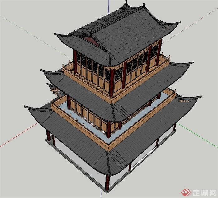 古典中式三层浮云楼建筑设计SU模型(3)