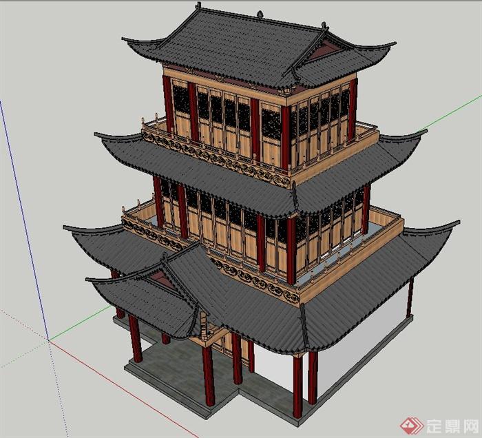 古典中式三层浮云楼建筑设计SU模型(2)