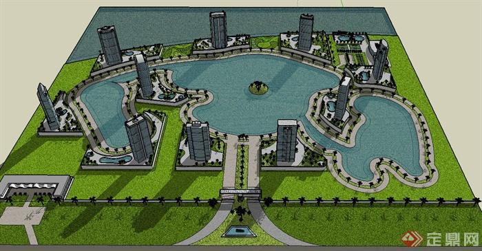 某带湖泊城市景观设计su模型(2)