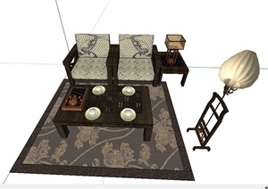 中式风格室内沙发、茶几组合设计SU(草图大师)模型