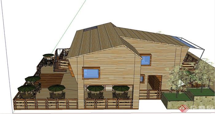 两层木质茶室建筑设计SU模型(2)