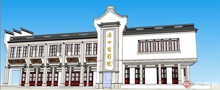 中式风格电影院及商铺建筑设计su模型(2)