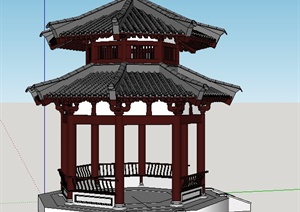 古典中式双塔八角亭子设计SU(草图大师)模型
