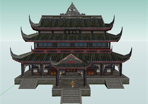 古典中式三层寺庙建筑设计SU(草图大师)模型