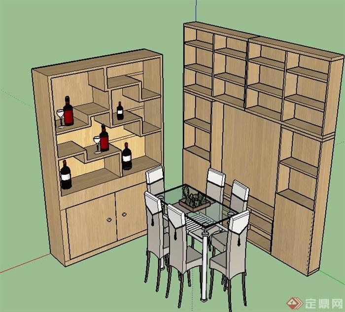 现代室内六人餐桌椅与酒柜设计SU模型(1)