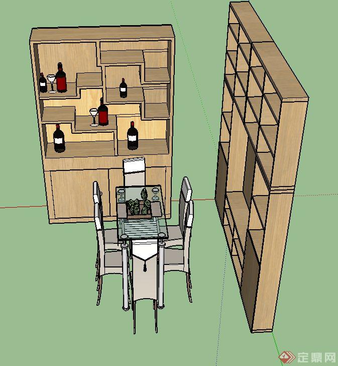 现代室内六人餐桌椅与酒柜设计SU模型(2)