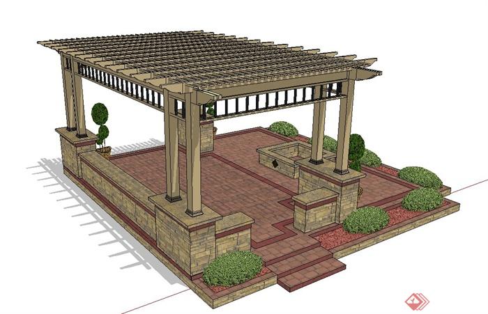 某欧式廊架设计su模型（含花池、盆栽、地面铺装）(1)